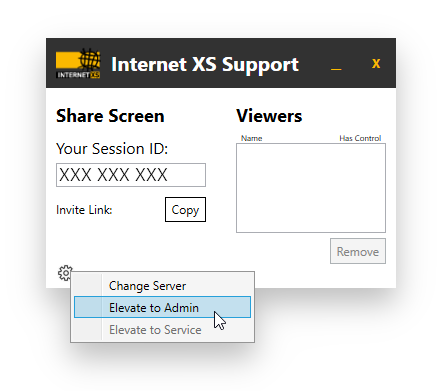 Screenshot der Internet XS Remote Support Software