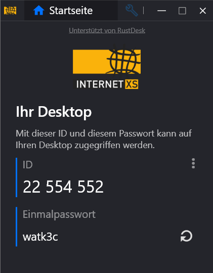 Screenshot der Internet XS Remote Support Software